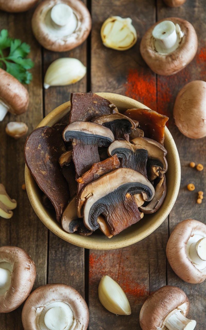 Homemade mushroom jerky in a rustic bowl with fresh mushrooms and garlic on a wooden table.